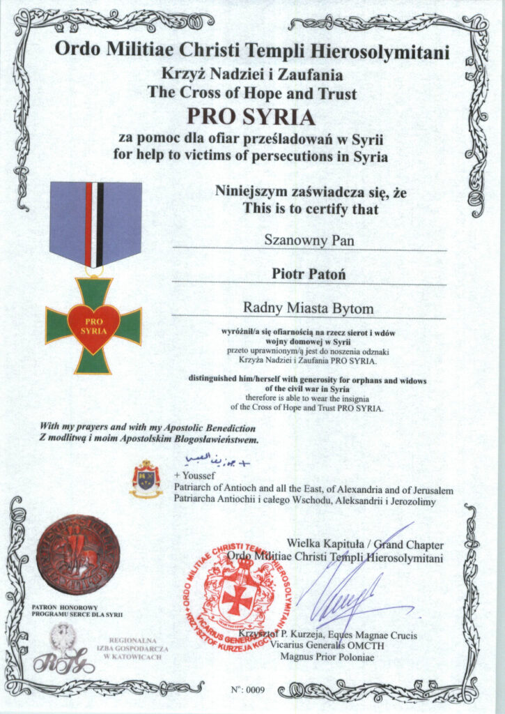 Krzyż Nadziei i Zaufania za pmoc prześladowanym w Syrii